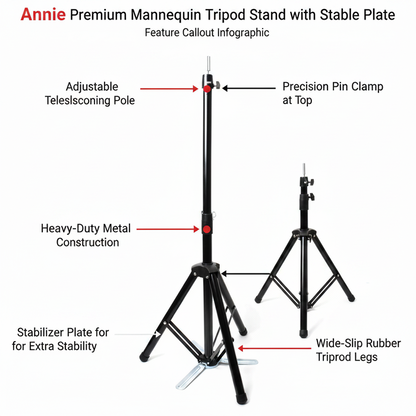 Annie Premium Mannequin Tripod with Stable Plate, 1 Count, Black