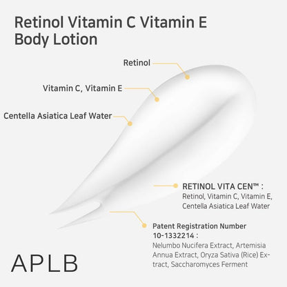 APLB Retinol Vitamin C Vitamin E Body Lotion 300ml لوشن للجسم من APLB يحتوي على الريتينول وفيتامين سي وفيتامين إي - Princess Cosmetics Qatar