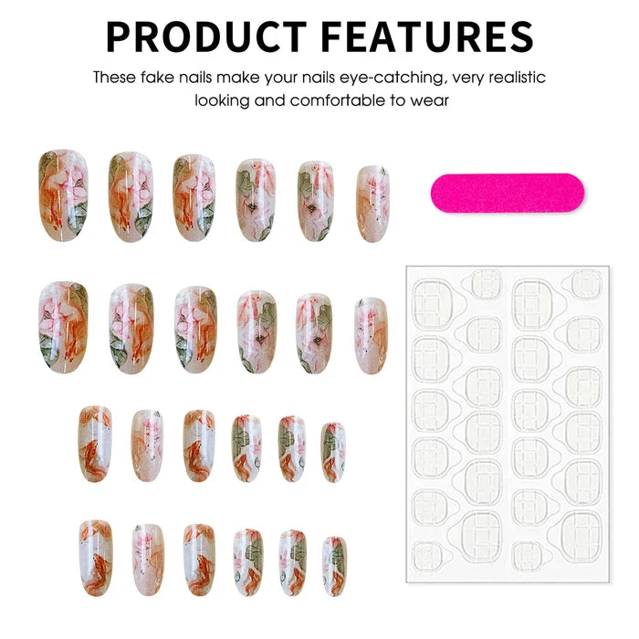 Artificial Nails 24 Pieces Flower Design Summer Sweet Pure Desire Long Round Fake Nails for Women