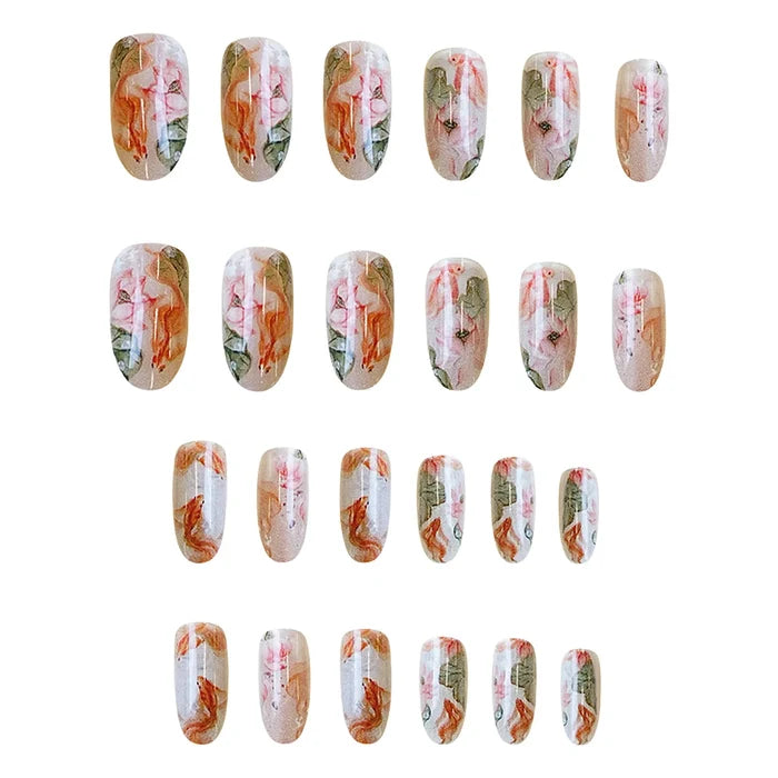 Artificial Nails 24 Pieces Flower Design Summer Sweet Pure Desire Long Round Fake Nails for Women