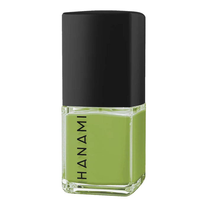 Green nail polish bottle with black cap on a white background.