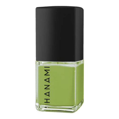 Green nail polish bottle with black cap on a white background.