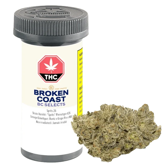 Front-facing image of a plastic jar and a single dense nug, labeled BC Selects: Sprits 26, against a plain light background