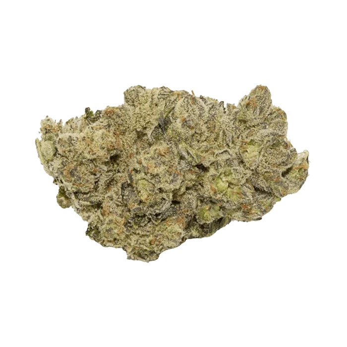 Close-up top-down view of a frosty, green-and-orange BC Selects: Sprits 26 cannabis bud against a plain white background