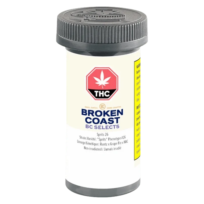 Front-facing view of a white prescription-style jar labeled "Broken Coast BC Selects: Sprits 26" with a black childproof cap and a red THC stop-sign logo.