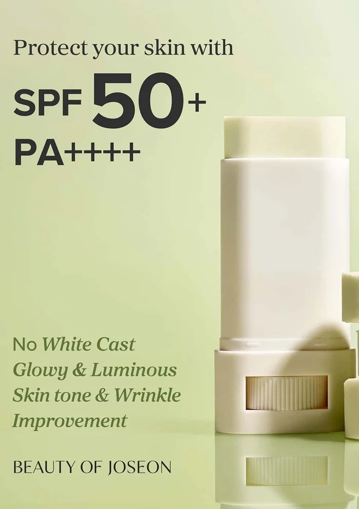 Cosmetic product with SPF 50+ text and Beauty of Joseon branding on a light green background