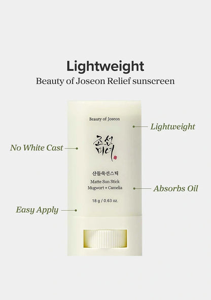 Beauty of Joseon Relief sunscreen stick with features highlighted on a white background