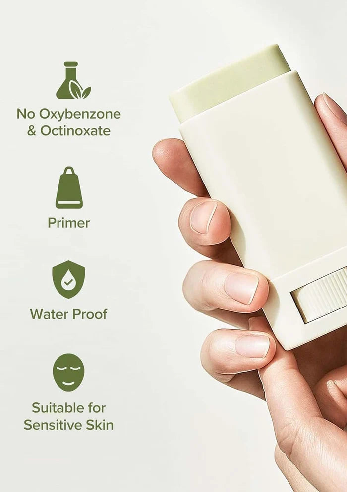 Hand holding a skincare product with features listed on the left.