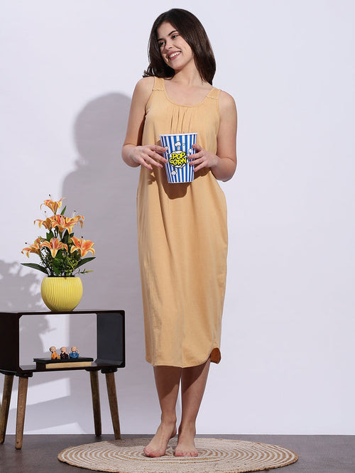 Beige A Line Hosiery Cotton Slip Sleeveless Nighty for Women