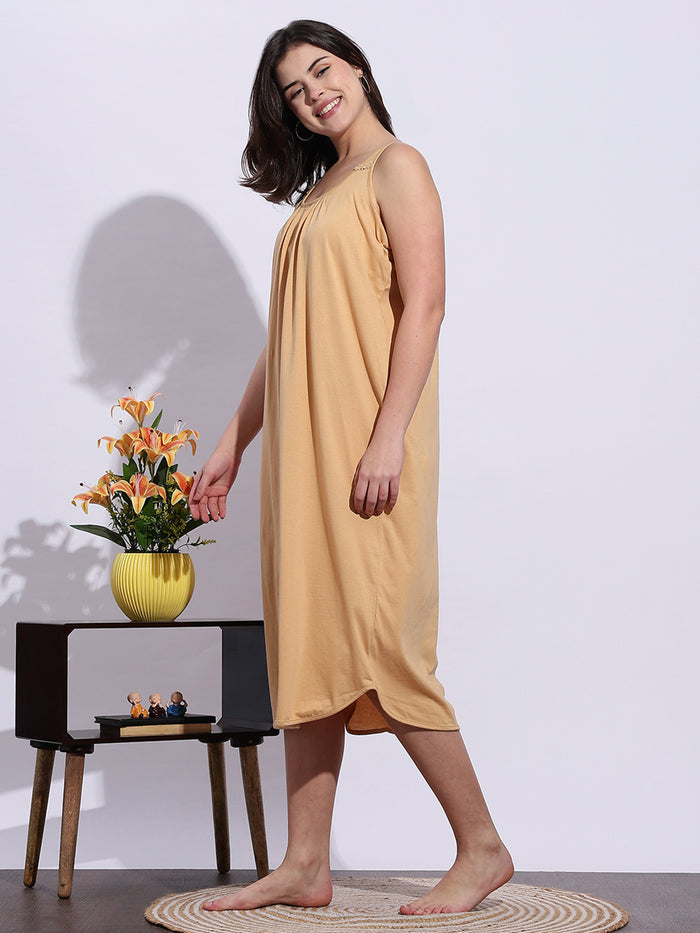 Beige A Line Hosiery Cotton Slip Sleeveless Nighty for Women
