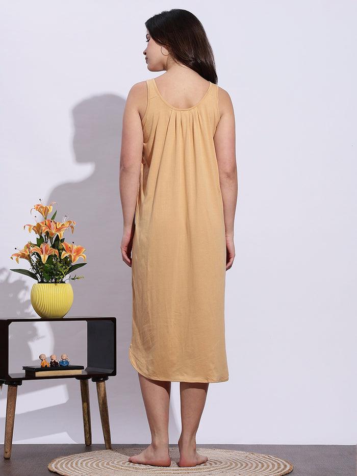 Beige A Line Hosiery Cotton Slip Sleeveless Nighty for Women