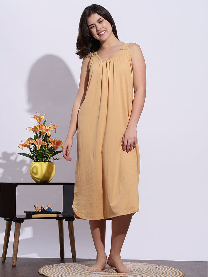 Beige A Line Hosiery Cotton Slip Sleeveless Nighty for Women