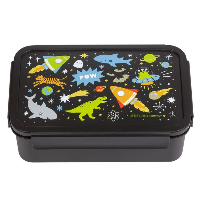 A Little Lovely Company Galaxy Lunchbox mit Raketen Planeten und Sternen