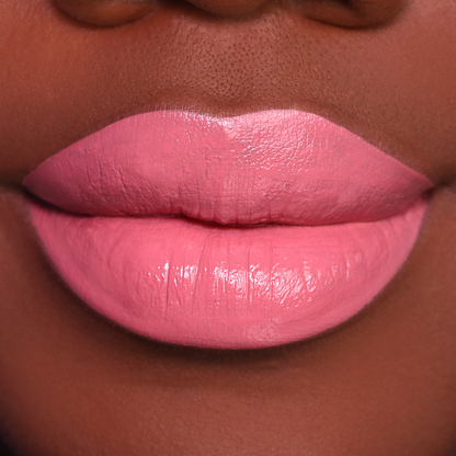Best Life rosy pink lipstick on lips, medium-deep skin tone