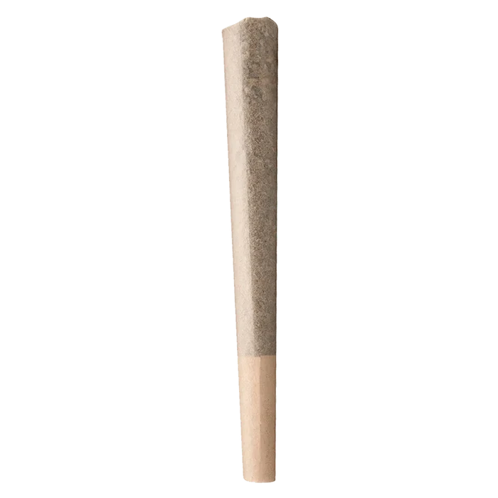 Straight-on view of a single pre-rolled joint with a brown crutch, labeled Biggest Buddy Indica PR 1 x 2 g, against a transparent background