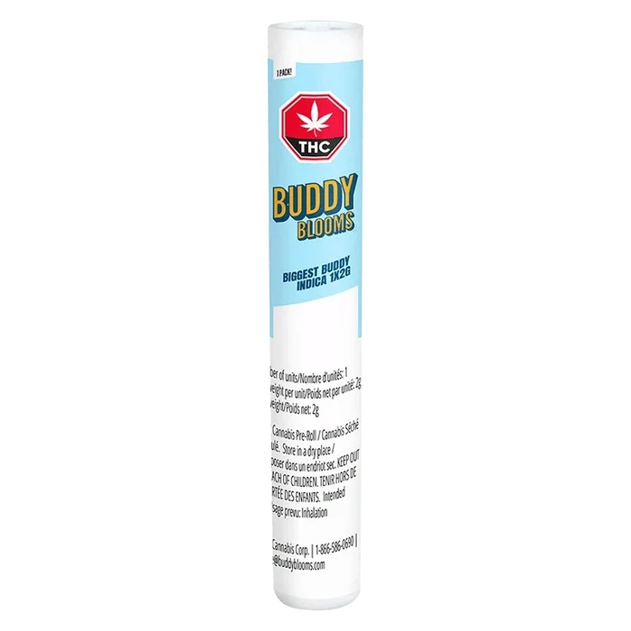 Tall front view of the cylindrical Biggest Buddy Indica PR 1 x 2 g tube with blue "Buddy Blooms" label and THC emblem.