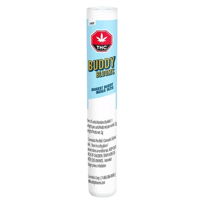 Tall front view of the cylindrical Biggest Buddy Indica PR 1 x 2 g tube with blue "Buddy Blooms" label and THC emblem.