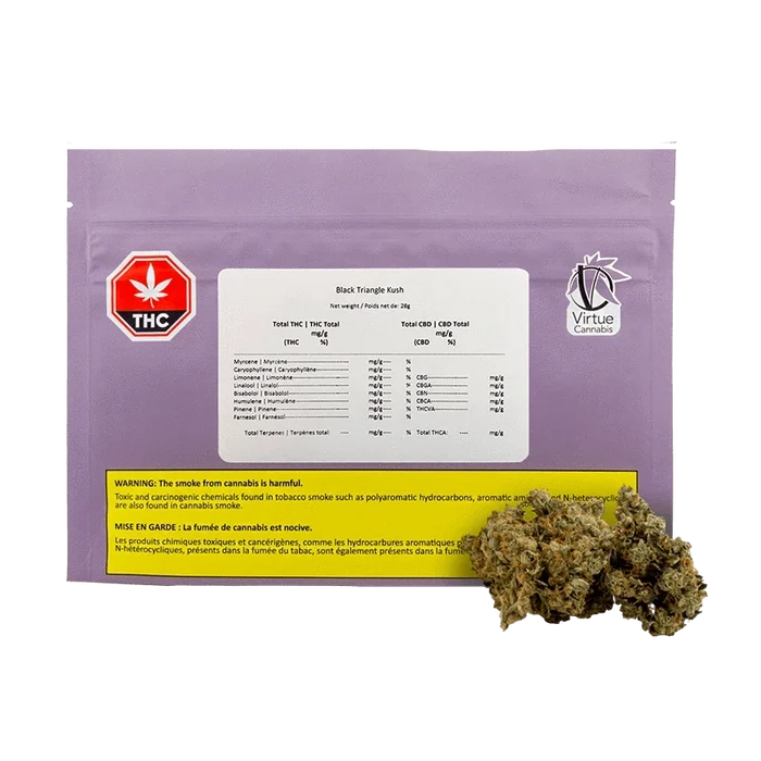 Front-facing shot of the purple pouch labeled Black Triangle Kush with a white info panel, THC badge, Virtue Cannabis logo, and loose buds at the lower right.