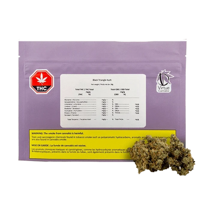 Front-facing shot of the purple pouch labeled Black Triangle Kush with a white info panel, THC badge, Virtue Cannabis logo, and loose buds at the lower right.