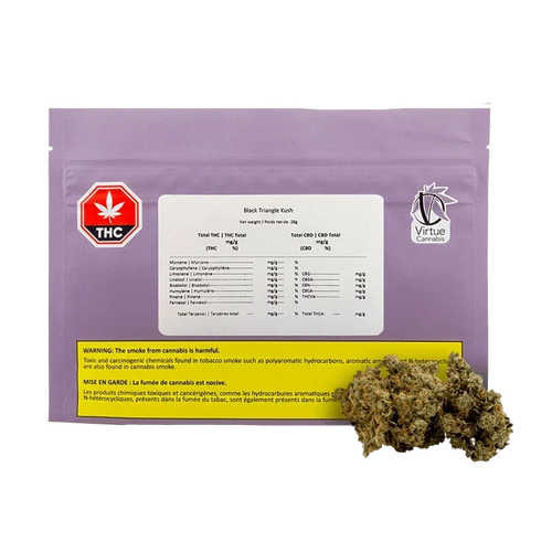 Front-facing shot of the purple pouch labeled Black Triangle Kush with a white info panel, THC badge, Virtue Cannabis logo, and loose buds at the lower right.