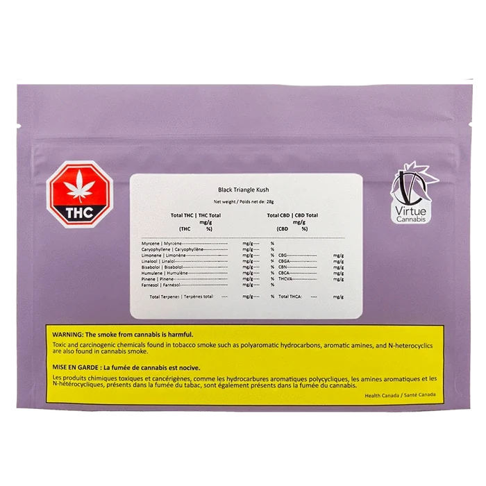 Flat front view of a purple pouch labeled "Black Triangle Kush" with a white info panel, THC symbol left and Virtue Cannabis logo right.