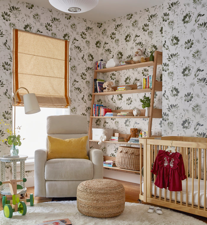Cozy nursery with Blake Moss wallpaper featuring green botanical motifs, made-to-order, short lead times, manufactured in the USA