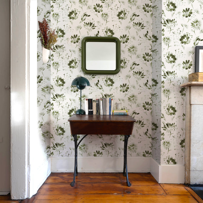 Home office corner with Blake Moss wallpaper in green botanical print, made-to-order, short lead times, manufactured in the USA