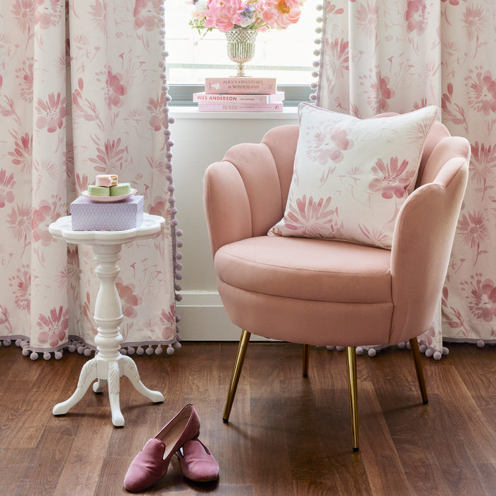 Blake made-to-order pink floral cushion on blush chair with coordinating floral curtains, fast delivery, USA crafted