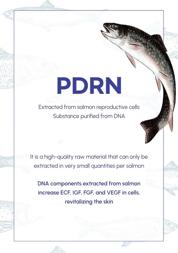 Advertisement for PDRN, a substance extracted from salmon reproductive cells, with a fish illustration on a white background.