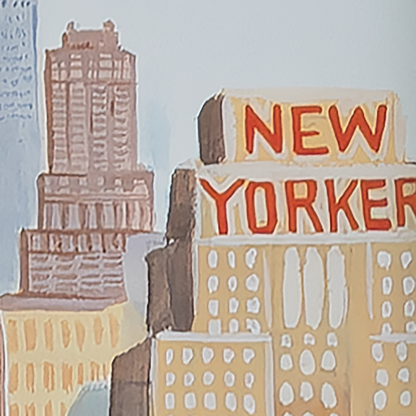 Bleecker wallpaper illustrating a warm-toned cityscape with the iconic New Yorker sign and surrounding buildings.