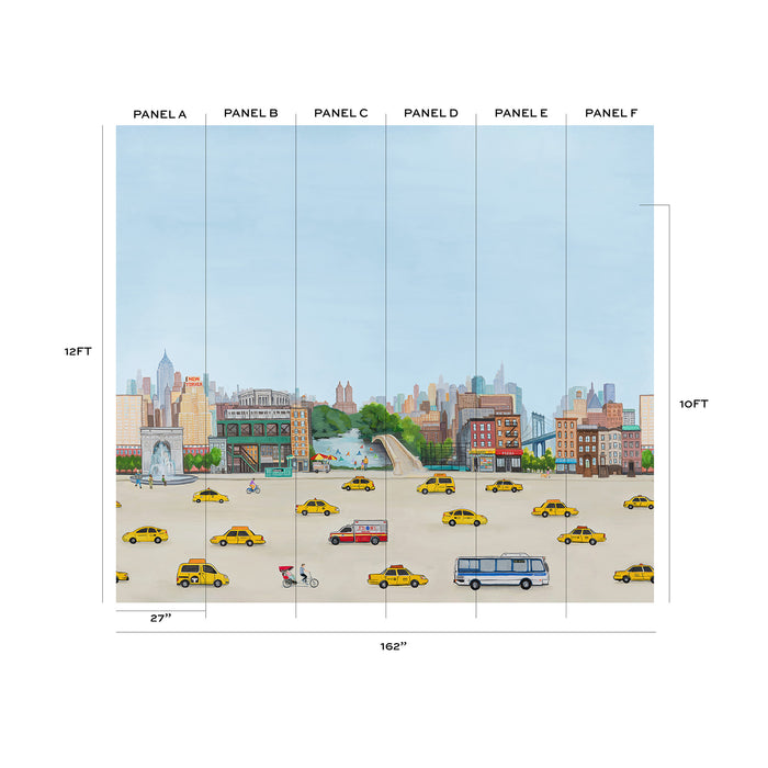 Bleecker mural depicting a lively city scene with yellow taxis, a bus, cyclists, and urban buildings under a clear sky.