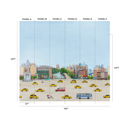 Bleecker mural depicting a lively city scene with yellow taxis, a bus, cyclists, and urban buildings under a clear sky.