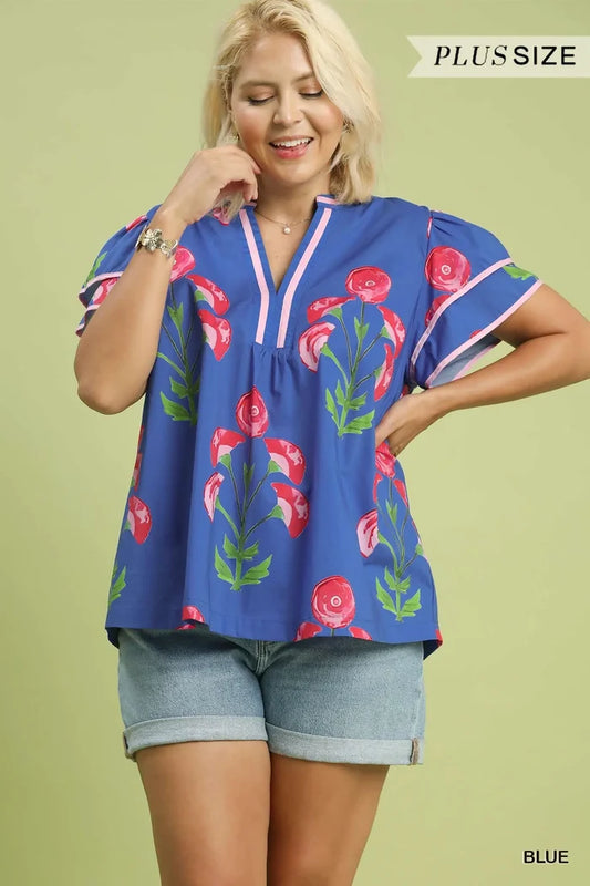 Blue Floral Pink Trim Top