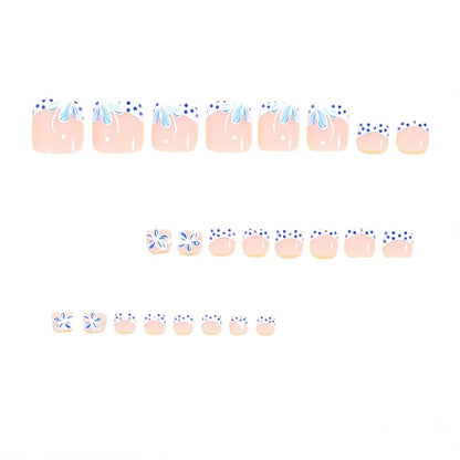 Blue Polka Dot Floral French Fake Nails 24Pcs High-Saturation Resin Material Pre-Glued Design