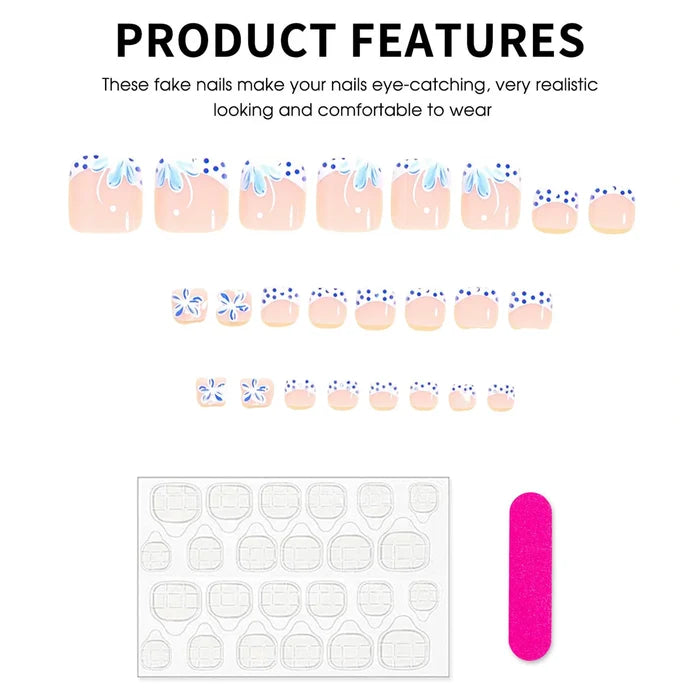 Blue Polka Dot Floral French Fake Nails 24Pcs High-Saturation Resin Material Pre-Glued Design