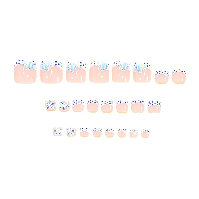 Blue Polka Dot Floral French Fake Nails 24Pcs High-Saturation Resin Material Pre-Glued Design
