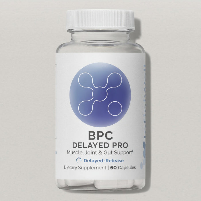Front label of InfiniWell BPC Delayed Pro delayed-release dietary supplement bottle with 60 capsules on white background.