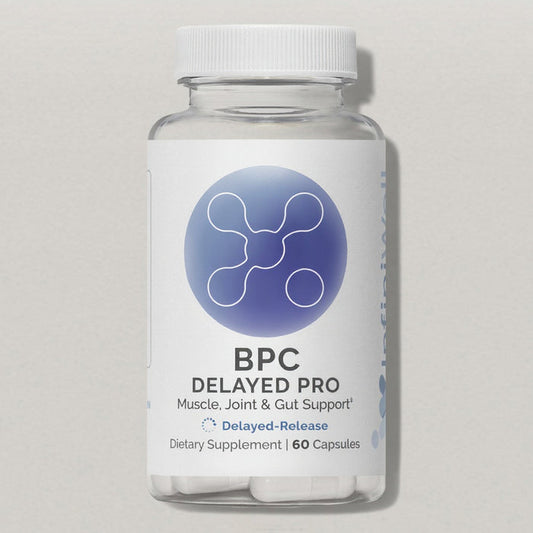 Front label of InfiniWell BPC Delayed Pro delayed-release dietary supplement bottle with 60 capsules on white background.