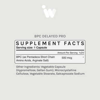 White bottle of InfiniWell BPC Delayed Pro delayed-release peptide supplement, front label