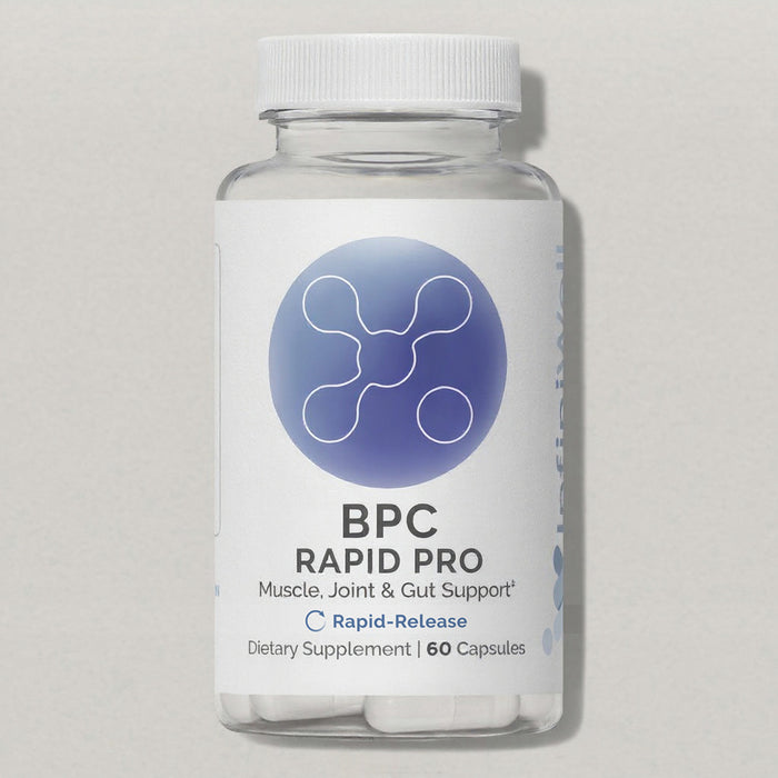 InfiniWell BPC Rapid Pro Rapid-Release dietary supplement bottle with white capsules visible, front label, 60 capsules.