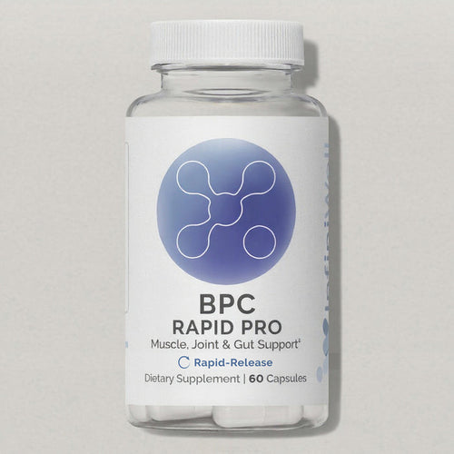 InfiniWell BPC Rapid Pro Rapid-Release dietary supplement bottle with white capsules visible, front label, 60 capsules.