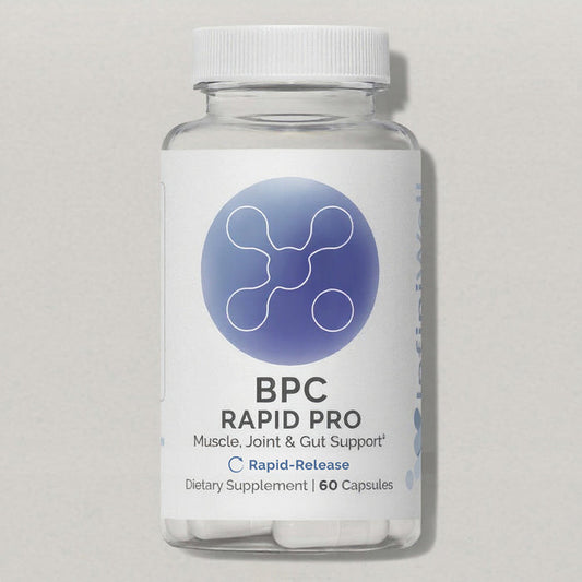 InfiniWell BPC Rapid Pro Rapid-Release dietary supplement bottle with white capsules visible, front label, 60 capsules.