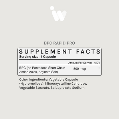 Supplement Facts panel for InfiniWell BPC Rapid Pro showing serving size, BPC amount per capsule, and other ingredients.