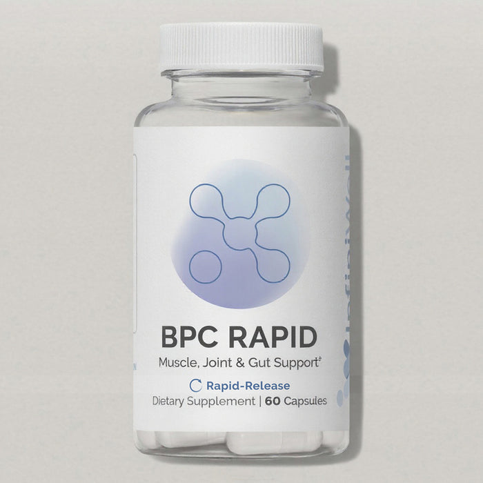 Front label of InfiniWell BPC Rapid rapid-release dietary supplement bottle with 60 capsules on white background.
