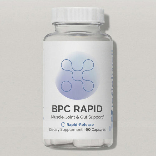 Front label of InfiniWell BPC Rapid rapid-release dietary supplement bottle with 60 capsules on white background.