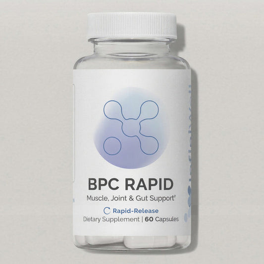 Front label of InfiniWell BPC Rapid rapid-release dietary supplement bottle with 60 capsules on white background.