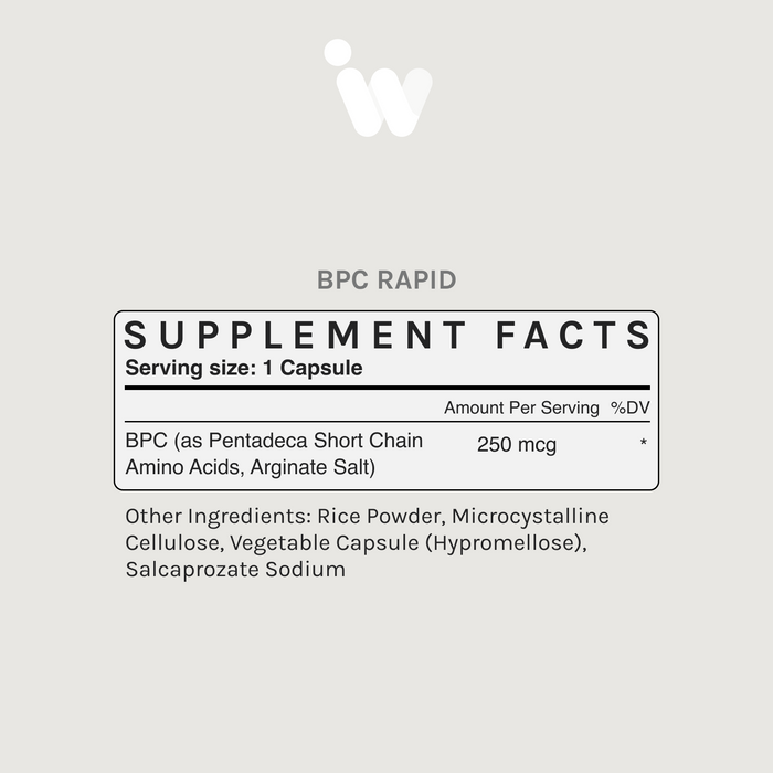 Supplement Facts panel for InfiniWell BPC Rapid showing serving size, BPC per capsule, and other ingredients.