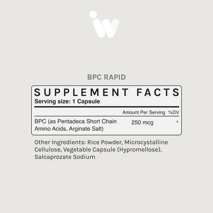 Supplement Facts panel for InfiniWell BPC Rapid showing serving size, BPC per capsule, and other ingredients.