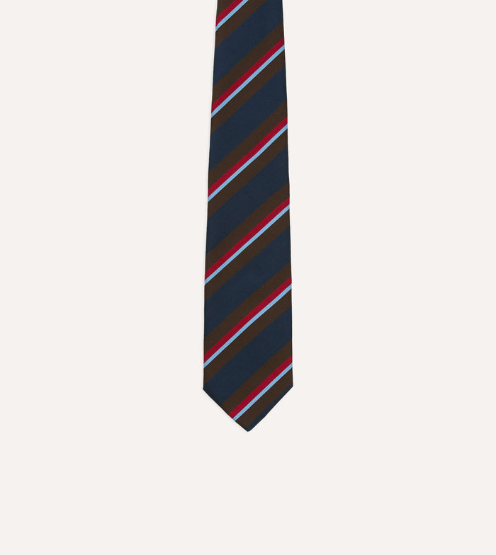 Brown and Navy Regimental Stripe Mogador Cotton-Silk Tipped Tie