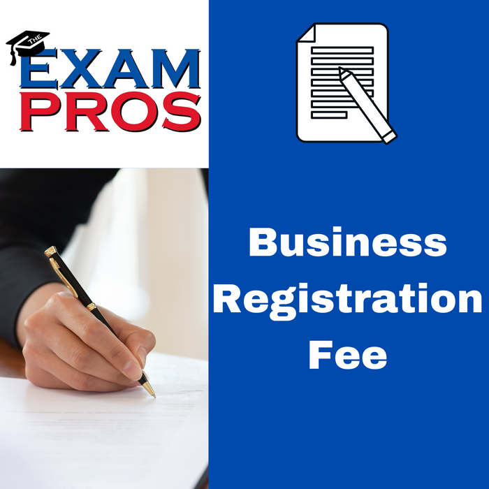 Exam Pros logo with black graduation cap, document and pen icon, and bold text stating Business Registration Fee on blue background